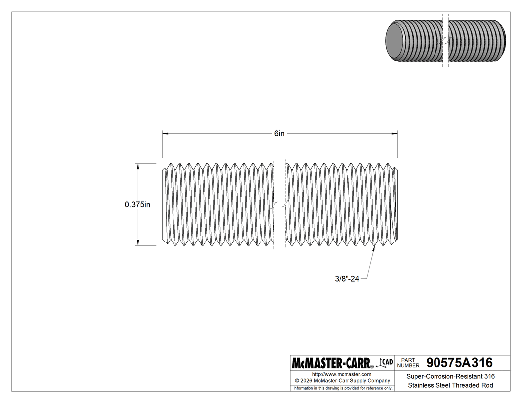 Technical Drawing of Super-Corrosion-Resistant 316 Stainless Steel Threaded Rod, 3/8"-24 Thread Size, 6" Long.